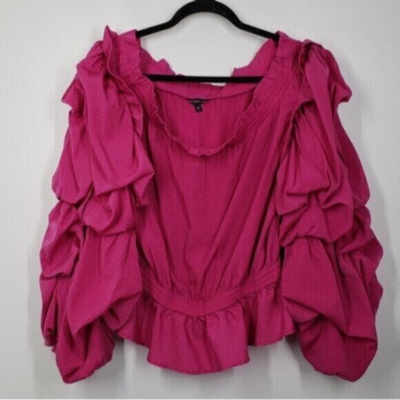 Guess Puffy Sleeve Off Shoulder Barbie Pink Pirate Top Ruffles Women's Sz Large - Picture 8 of 16